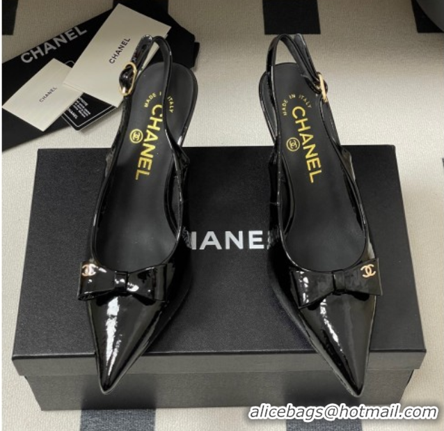 Charming Chanel Crumpled Patent Calfskin Slingbacks 7.5cm with Bow Black G46547