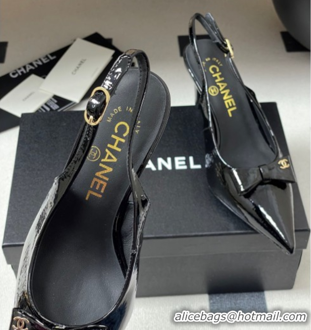Charming Chanel Crumpled Patent Calfskin Slingbacks 7.5cm with Bow Black G46547
