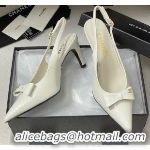 Pretty Style Chanel Crumpled Patent Calfskin Slingbacks 7.5cm with Bow White 2025 G46547