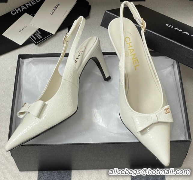 Pretty Style Chanel Crumpled Patent Calfskin Slingbacks 7.5cm with Bow White 2025 G46547