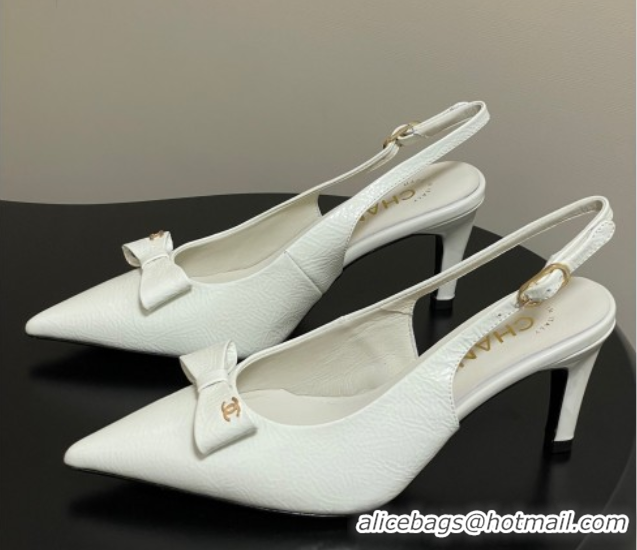 Pretty Style Chanel Crumpled Patent Calfskin Slingbacks 7.5cm with Bow White 2025 G46547