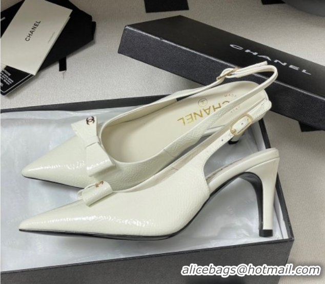 Pretty Style Chanel Crumpled Patent Calfskin Slingbacks 7.5cm with Bow White 2025 G46547