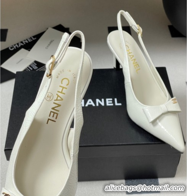 Pretty Style Chanel Crumpled Patent Calfskin Slingbacks 7.5cm with Bow White 2025 G46547