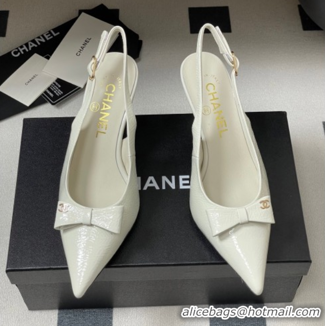 Pretty Style Chanel Crumpled Patent Calfskin Slingbacks 7.5cm with Bow White 2025 G46547
