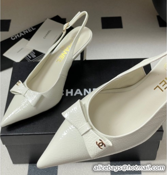Pretty Style Chanel Crumpled Patent Calfskin Slingbacks 7.5cm with Bow White 2025 G46547