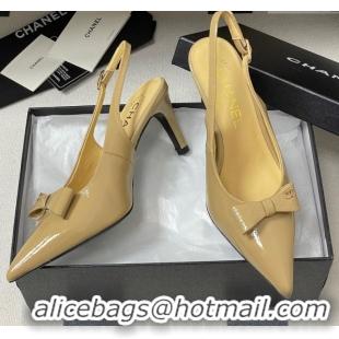 Top Design Chanel Crumpled Patent Calfskin Slingbacks 7.5cm with Bow Beige 2025 G46547