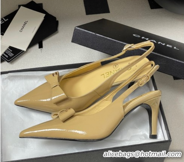 Top Design Chanel Crumpled Patent Calfskin Slingbacks 7.5cm with Bow Beige 2025 G46547