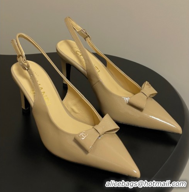 Top Design Chanel Crumpled Patent Calfskin Slingbacks 7.5cm with Bow Beige 2025 G46547