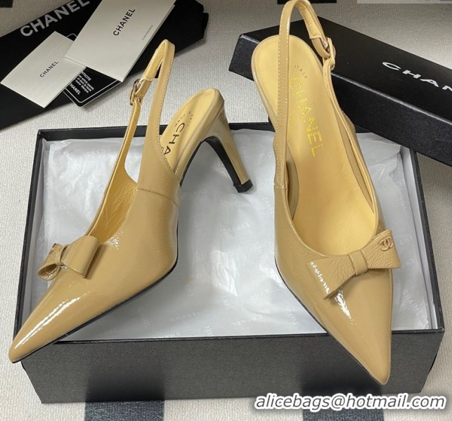 Top Design Chanel Crumpled Patent Calfskin Slingbacks 7.5cm with Bow Beige 2025 G46547