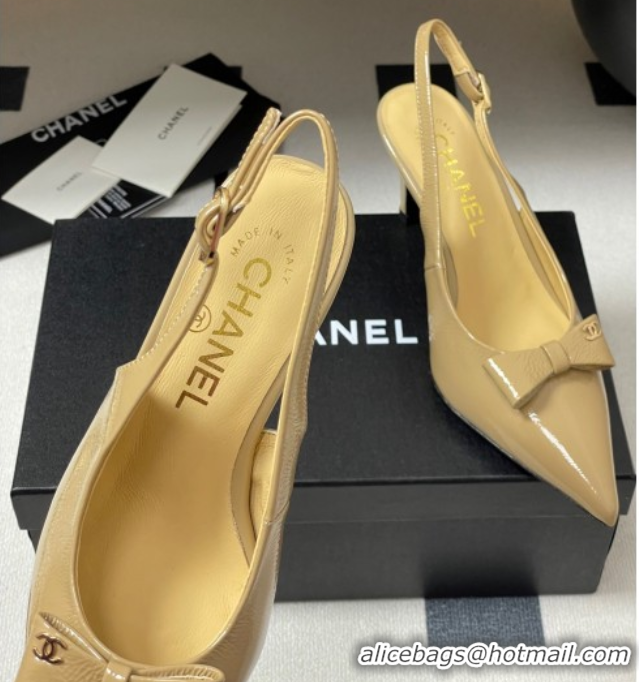 Top Design Chanel Crumpled Patent Calfskin Slingbacks 7.5cm with Bow Beige 2025 G46547