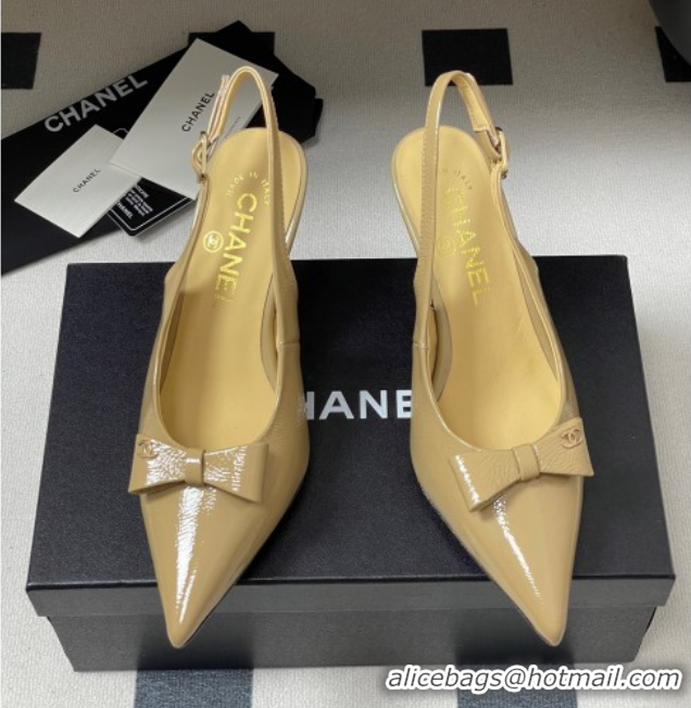 Top Design Chanel Crumpled Patent Calfskin Slingbacks 7.5cm with Bow Beige 2025 G46547