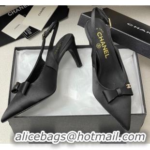 Good Quality Chanel Silk Satin Slingbacks Pumps 7.5cm Black G46547