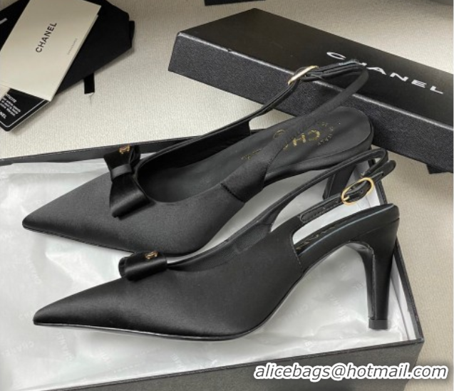 Good Quality Chanel Silk Satin Slingbacks Pumps 7.5cm Black G46547