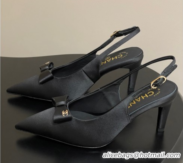 Good Quality Chanel Silk Satin Slingbacks Pumps 7.5cm Black G46547
