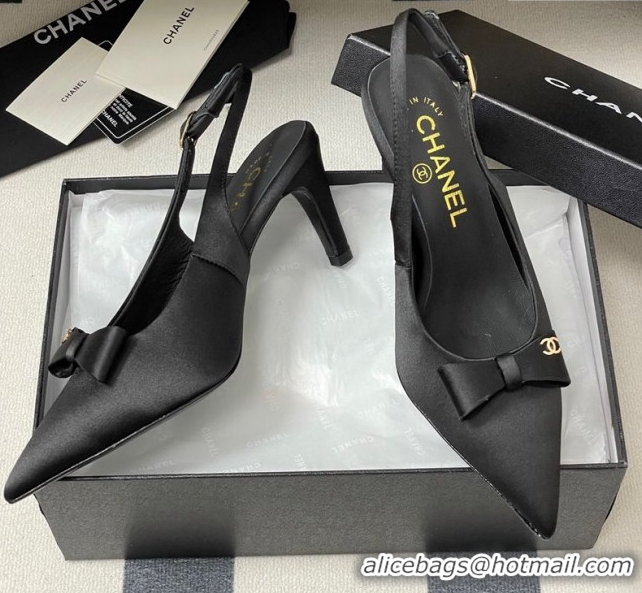 Good Quality Chanel Silk Satin Slingbacks Pumps 7.5cm Black G46547