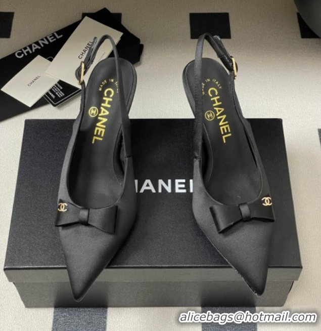 Good Quality Chanel Silk Satin Slingbacks Pumps 7.5cm Black G46547
