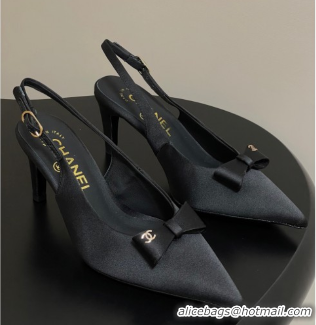 Good Quality Chanel Silk Satin Slingbacks Pumps 7.5cm Black G46547