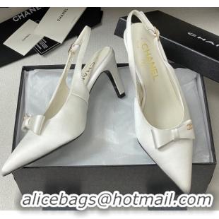 Top Grade Chanel Silk Satin Slingbacks Pumps 7.5cm White G46547