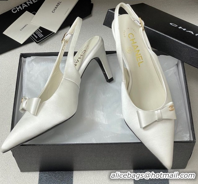 Top Grade Chanel Silk Satin Slingbacks Pumps 7.5cm White G46547