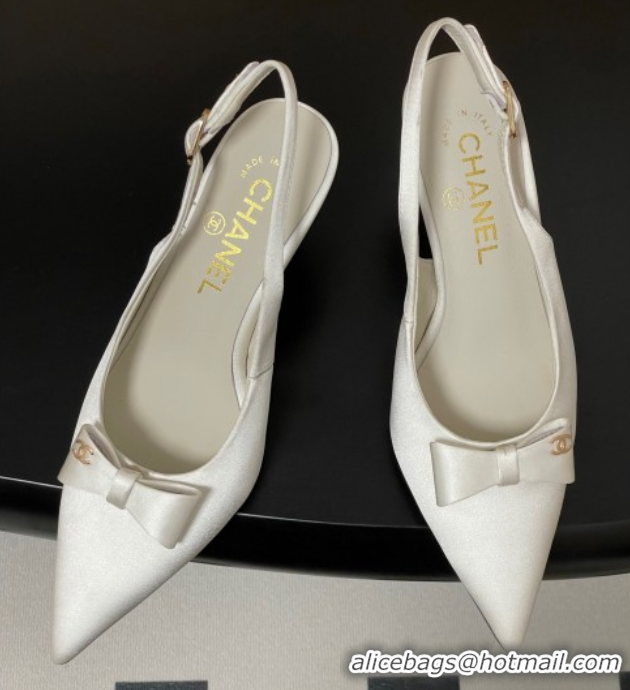 Top Grade Chanel Silk Satin Slingbacks Pumps 7.5cm White G46547