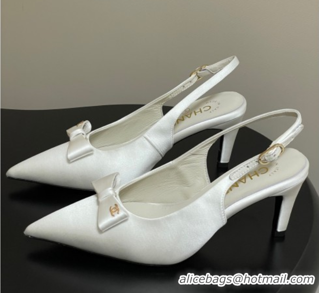 Top Grade Chanel Silk Satin Slingbacks Pumps 7.5cm White G46547