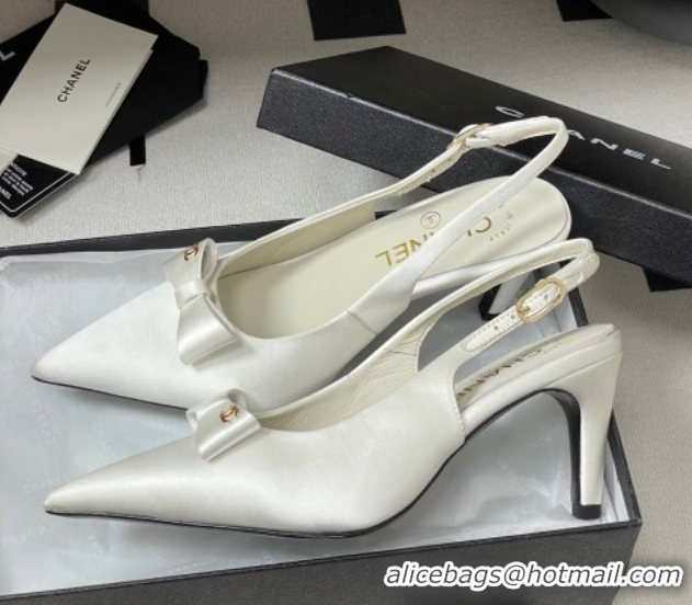 Top Grade Chanel Silk Satin Slingbacks Pumps 7.5cm White G46547