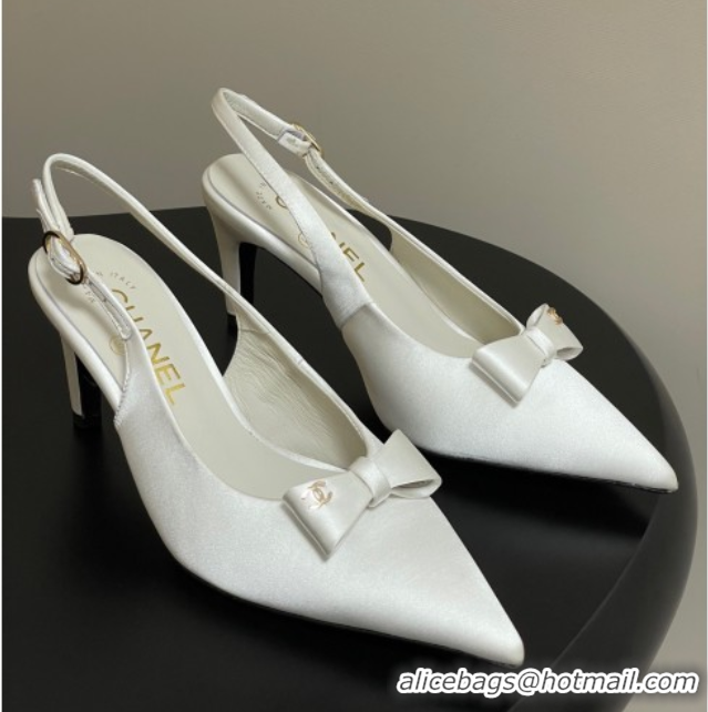 Top Grade Chanel Silk Satin Slingbacks Pumps 7.5cm White G46547