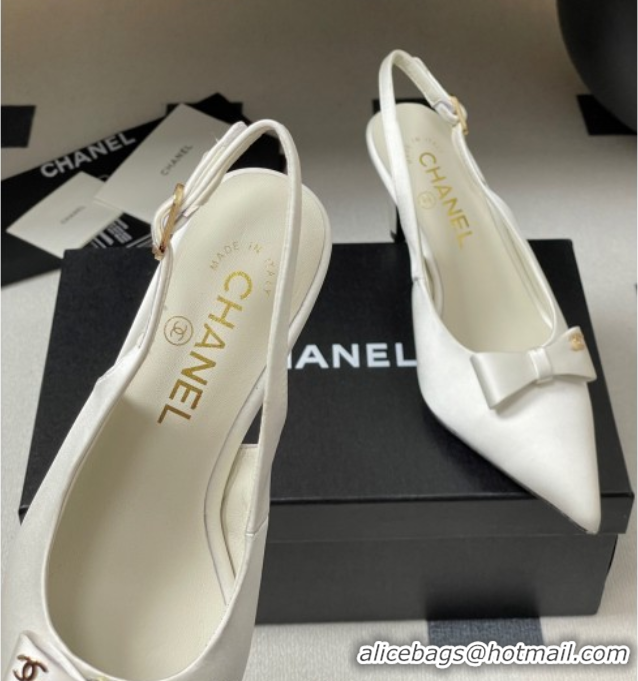 Top Grade Chanel Silk Satin Slingbacks Pumps 7.5cm White G46547