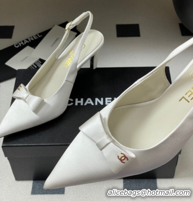 Top Grade Chanel Silk Satin Slingbacks Pumps 7.5cm White G46547