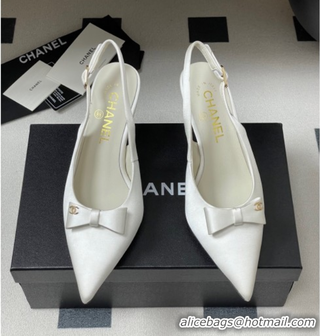 Top Grade Chanel Silk Satin Slingbacks Pumps 7.5cm White G46547