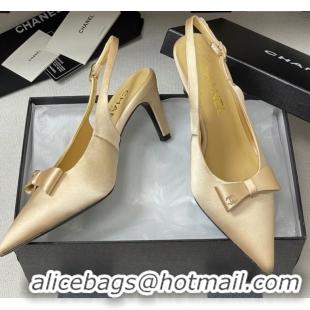 Best Grade Chanel Silk Satin Slingbacks Pumps 7.5cm Beige 2025 G46547