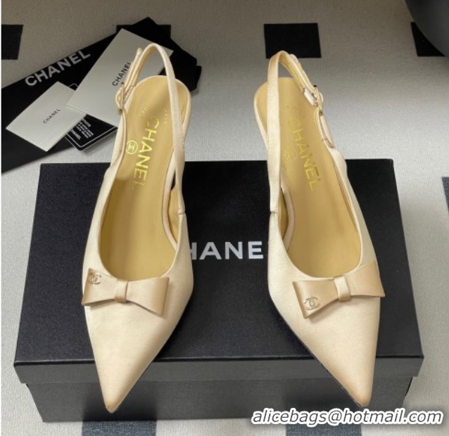 Best Grade Chanel Silk Satin Slingbacks Pumps 7.5cm Beige 2025 G46547