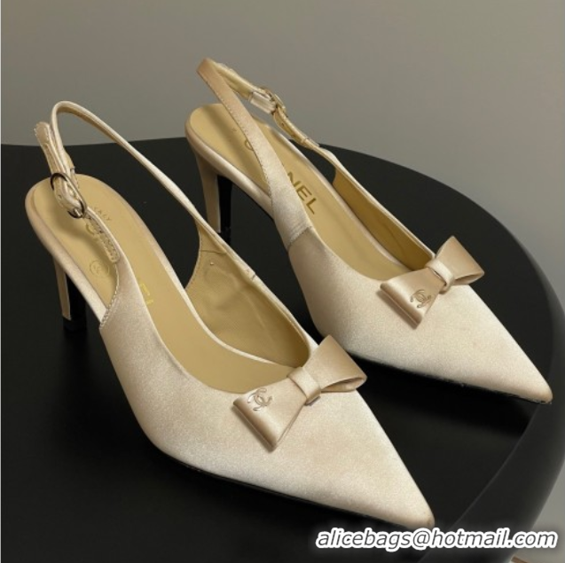 Best Grade Chanel Silk Satin Slingbacks Pumps 7.5cm Beige 2025 G46547