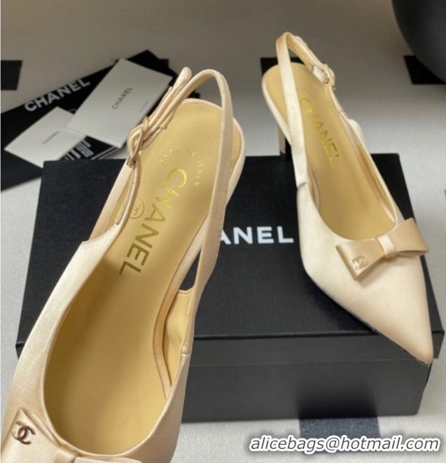 Best Grade Chanel Silk Satin Slingbacks Pumps 7.5cm Beige 2025 G46547