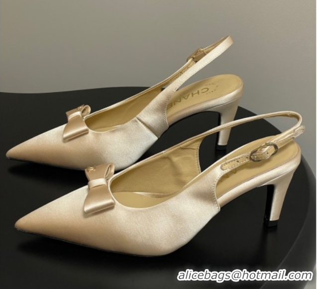 Best Grade Chanel Silk Satin Slingbacks Pumps 7.5cm Beige 2025 G46547
