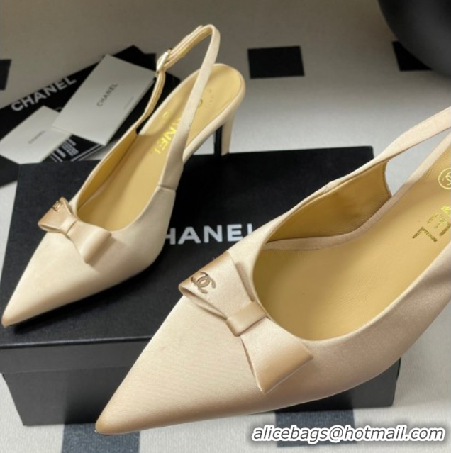 Best Grade Chanel Silk Satin Slingbacks Pumps 7.5cm Beige 2025 G46547