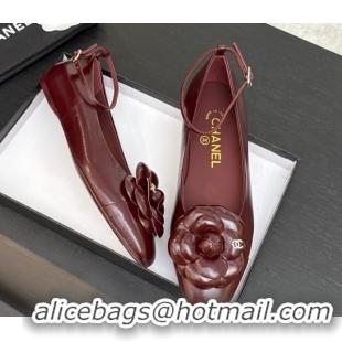 Stylish Chanel Shiny Calfskin Ballet flats with Ankle Strap with Camellia Burgundy 2025 G46520