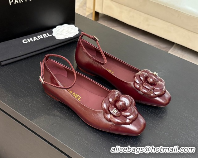 Stylish Chanel Shiny Calfskin Ballet flats with Ankle Strap with Camellia Burgundy 2025 G46520
