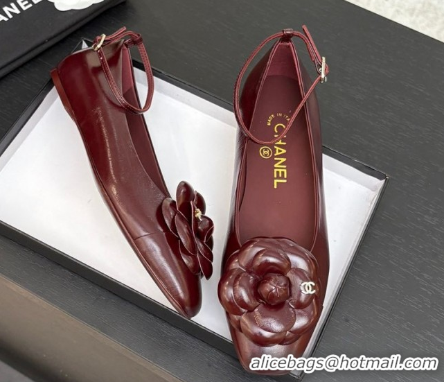 Stylish Chanel Shiny Calfskin Ballet flats with Ankle Strap with Camellia Burgundy 2025 G46520