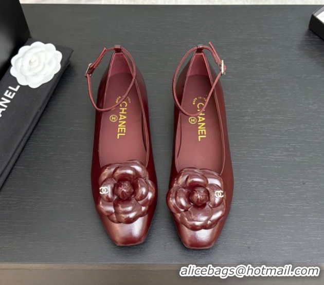 Stylish Chanel Shiny Calfskin Ballet flats with Ankle Strap with Camellia Burgundy 2025 G46520