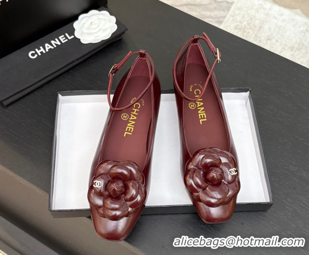 Stylish Chanel Shiny Calfskin Ballet flats with Ankle Strap with Camellia Burgundy 2025 G46520