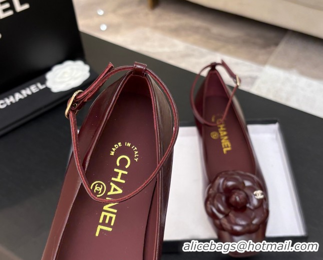 Stylish Chanel Shiny Calfskin Ballet flats with Ankle Strap with Camellia Burgundy 2025 G46520