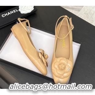 Charming Chanel Shiny Calfskin Ballet flats with Ankle Strap and Camellia White 2025 G46520