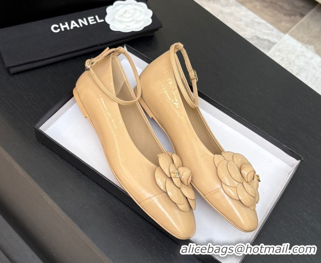 Charming Chanel Shiny Calfskin Ballet flats with Ankle Strap and Camellia White 2025 G46520