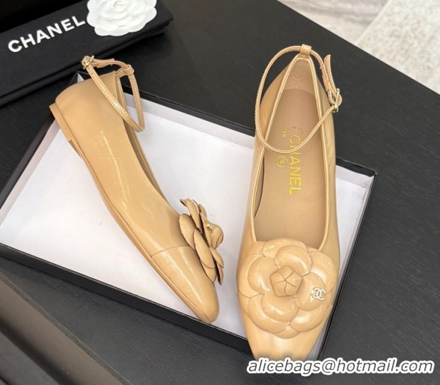 Charming Chanel Shiny Calfskin Ballet flats with Ankle Strap and Camellia White 2025 G46520