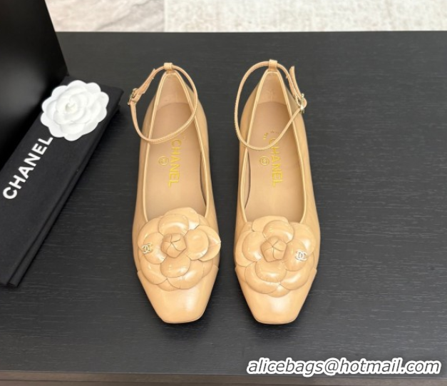 Charming Chanel Shiny Calfskin Ballet flats with Ankle Strap and Camellia White 2025 G46520