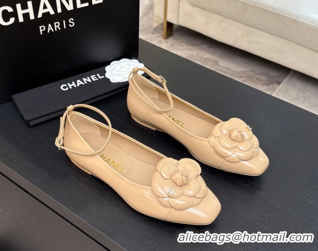 Charming Chanel Shiny Calfskin Ballet flats with Ankle Strap and Camellia White 2025 G46520