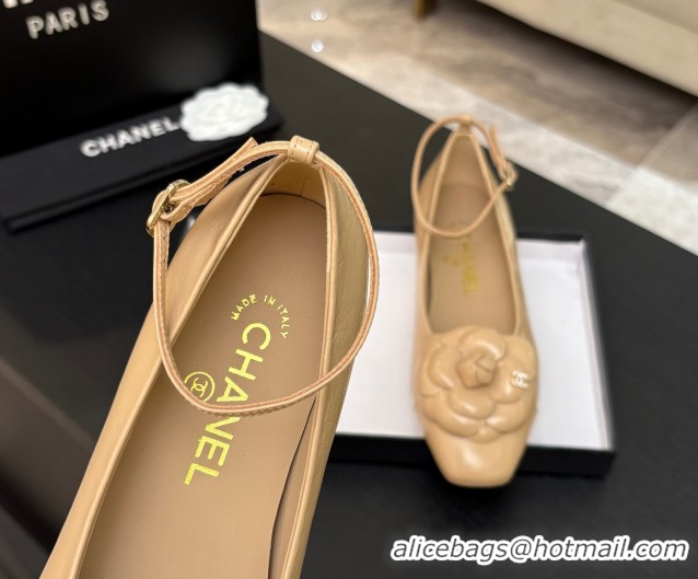 Charming Chanel Shiny Calfskin Ballet flats with Ankle Strap and Camellia White 2025 G46520