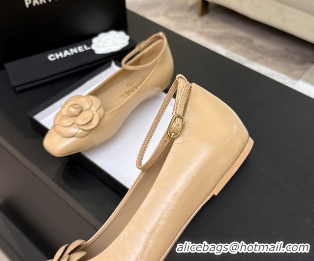 Charming Chanel Shiny Calfskin Ballet flats with Ankle Strap and Camellia White 2025 G46520