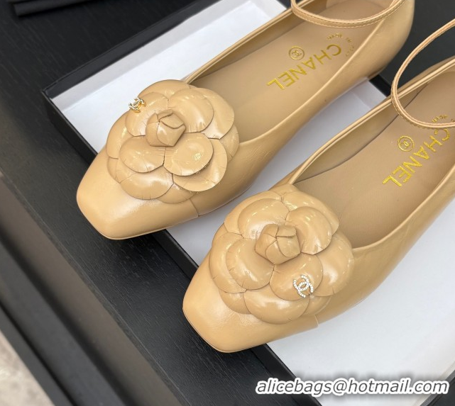 Charming Chanel Shiny Calfskin Ballet flats with Ankle Strap and Camellia White 2025 G46520